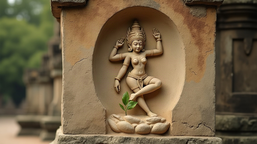 Detail de gres sculpte envahi par la vegetation, vue complementaire